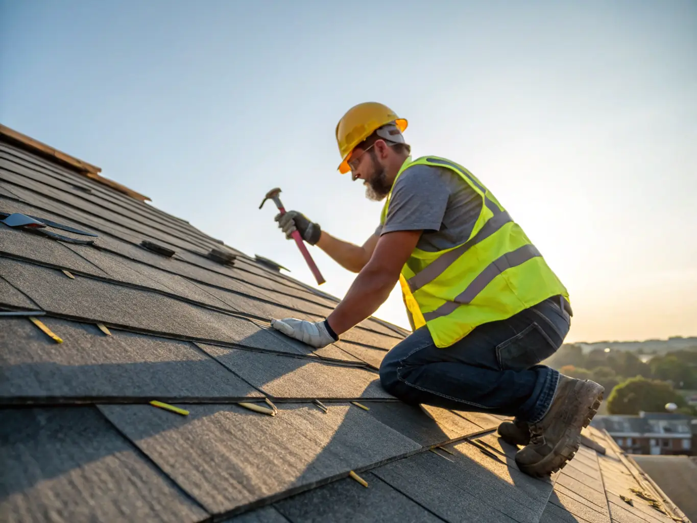 An image showing a SuperRoofers team member performing a minor roof repair, such as replacing a damaged shingle.