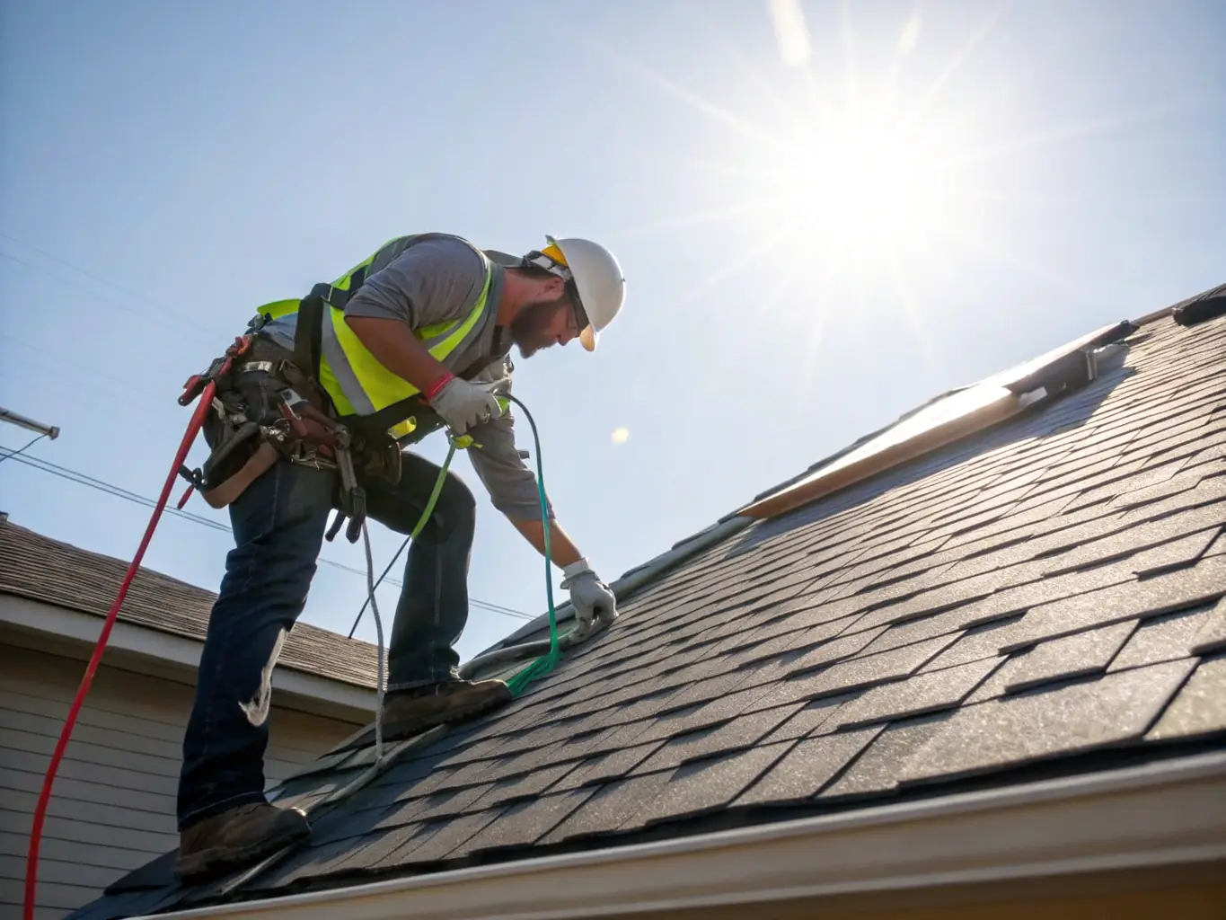 A close-up shot of a SuperRoofers technician carefully inspecting a roof for signs of damage, with safety equipment visible.